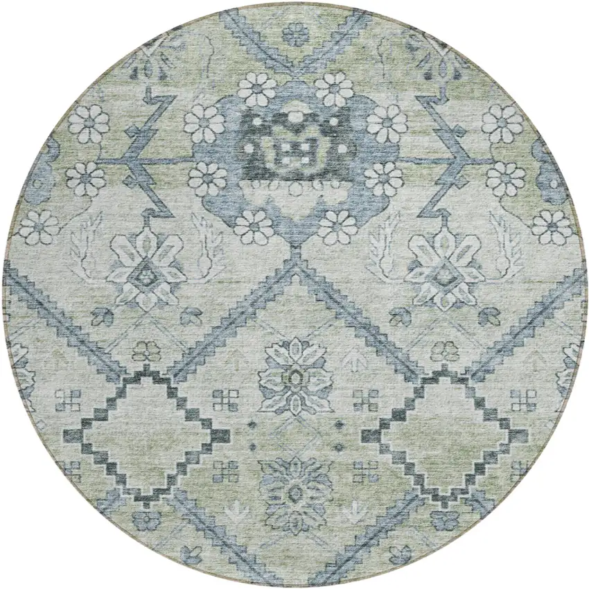 8' Artichoke Green Denim Blue And Silver Round Floral Washable Indoor Outdoor Area Rug Photo 2