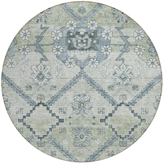 8' Artichoke Green Denim Blue And Silver Round Floral Washable Indoor Outdoor Area Rug Photo 2