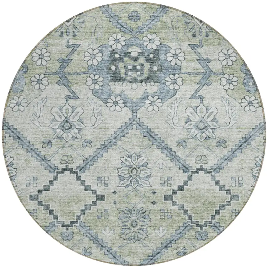 8' Artichoke Green Denim Blue And Silver Round Floral Washable Indoor Outdoor Area Rug Photo 2