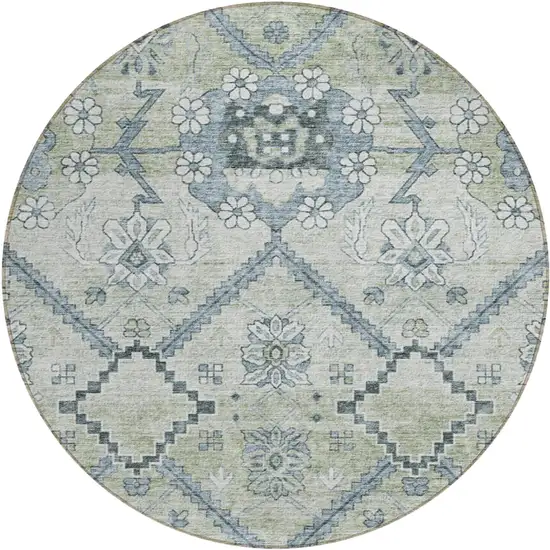 8' Artichoke Green Denim Blue And Silver Round Floral Washable Indoor Outdoor Area Rug Photo 2