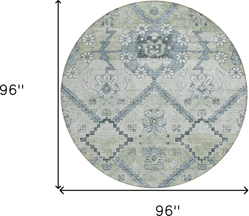 8' Artichoke Green Denim Blue And Silver Round Floral Washable Indoor Outdoor Area Rug Photo 3