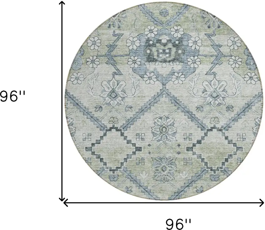 8' Artichoke Green Denim Blue And Silver Round Floral Washable Indoor Outdoor Area Rug Photo 3