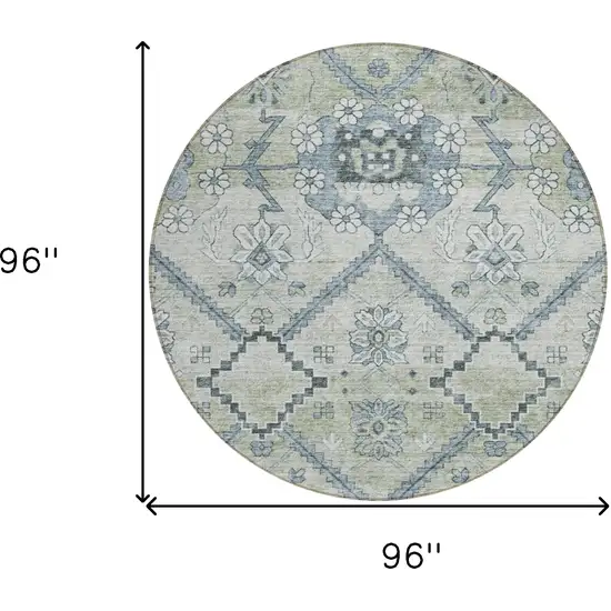 8' Artichoke Green Denim Blue And Silver Round Floral Washable Indoor Outdoor Area Rug Photo 3