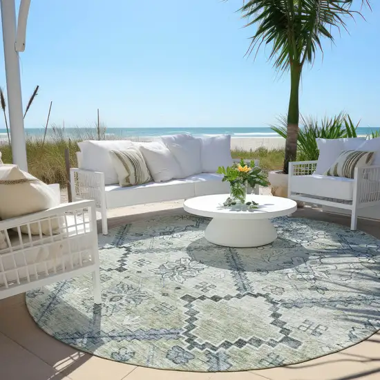 8' Artichoke Green Denim Blue And Silver Round Floral Washable Indoor Outdoor Area Rug Photo 6