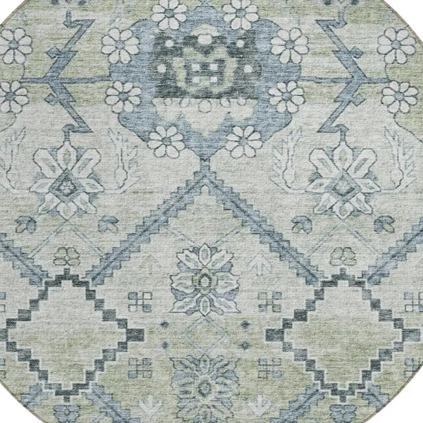 8' Artichoke Green Denim Blue And Silver Round Floral Washable Indoor Outdoor Area Rug Photo 4