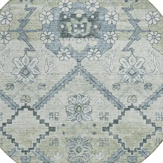 8' Artichoke Green Denim Blue And Silver Round Floral Washable Indoor Outdoor Area Rug Photo 4