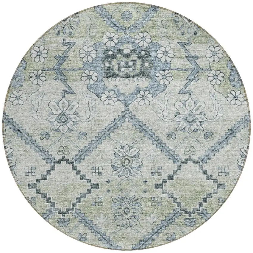 8' Artichoke Green Denim Blue And Silver Round Floral Washable Indoor Outdoor Area Rug Photo 5