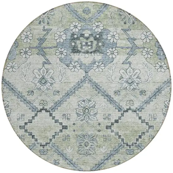 8' Artichoke Green Denim Blue And Silver Round Floral Washable Indoor Outdoor Area Rug Photo 5