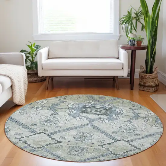 8' Artichoke Green Denim Blue And Silver Round Floral Washable Indoor Outdoor Area Rug Photo 7