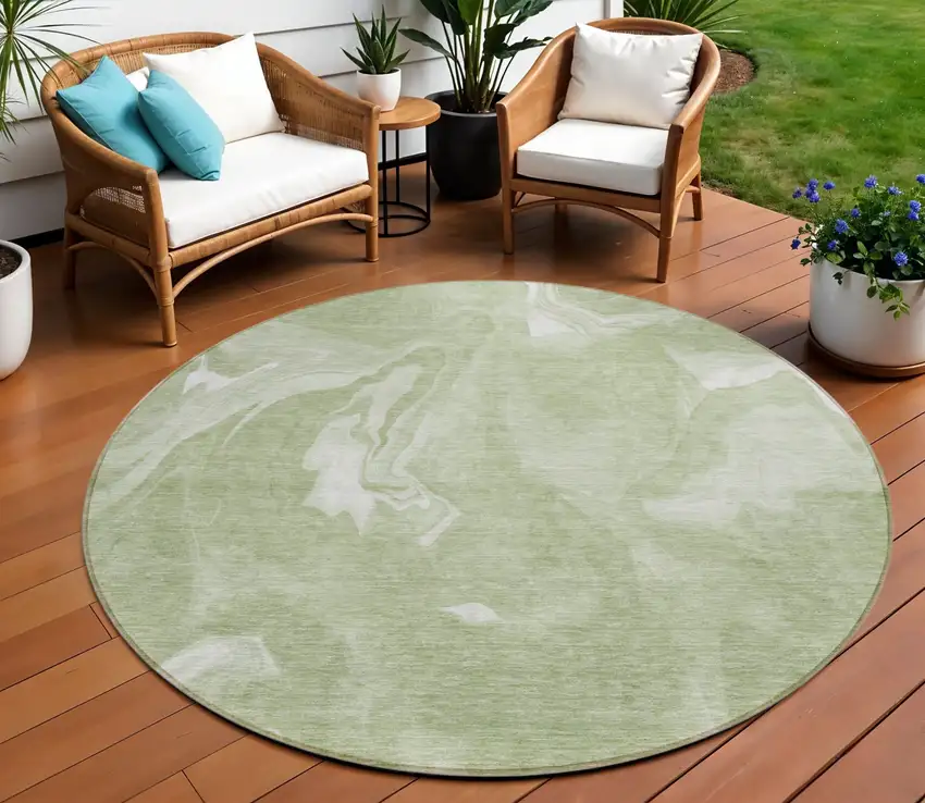 8' Artichoke Green Fern Green And Ivory Round Abstract Washable Indoor Outdoor Area Rug Photo 1