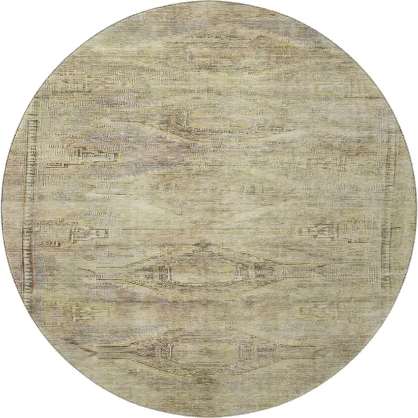 8' Artichoke Green Gold And Beige Abstract Geometric Washable Round Rug With UV Protection Photo 3