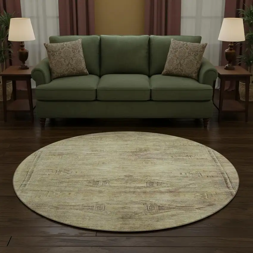 8' Artichoke Green Gold And Beige Abstract Geometric Washable Round Rug With UV Protection Photo 2