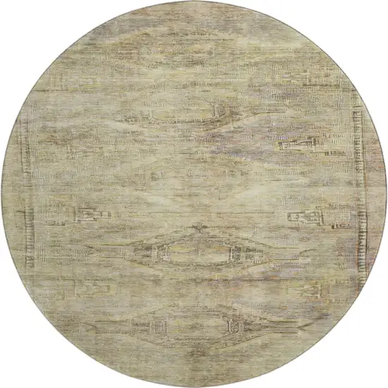 8' Artichoke Green Gold And Beige Abstract Geometric Washable Round Rug With UV Protection Photo 1