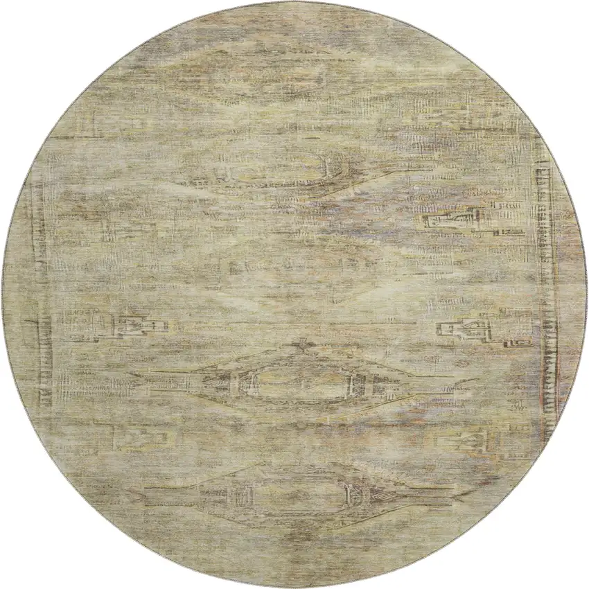 8' Artichoke Green Gold And Beige Abstract Geometric Washable Round Rug With UV Protection Photo 1