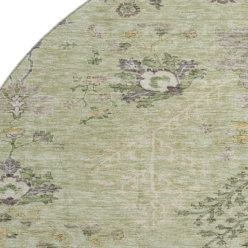 8' Artichoke Green Gold And Beige Floral Washable Round Rug With UV Protection Photo 2