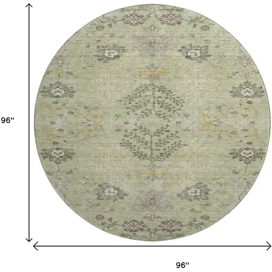 8' Artichoke Green Gold And Beige Floral Washable Round Rug With UV Protection Photo 9
