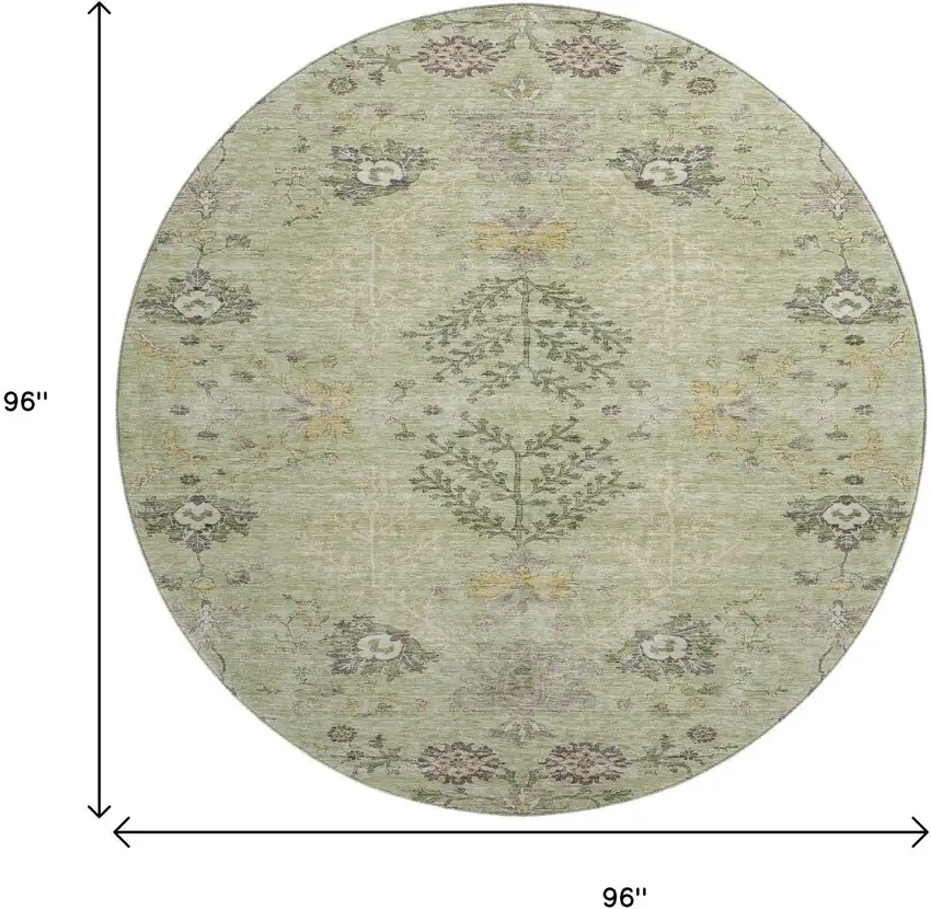8' Artichoke Green Gold And Beige Floral Washable Round Rug With UV Protection Photo 9