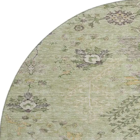 8' Artichoke Green Gold And Beige Floral Washable Round Rug With UV Protection Photo 3