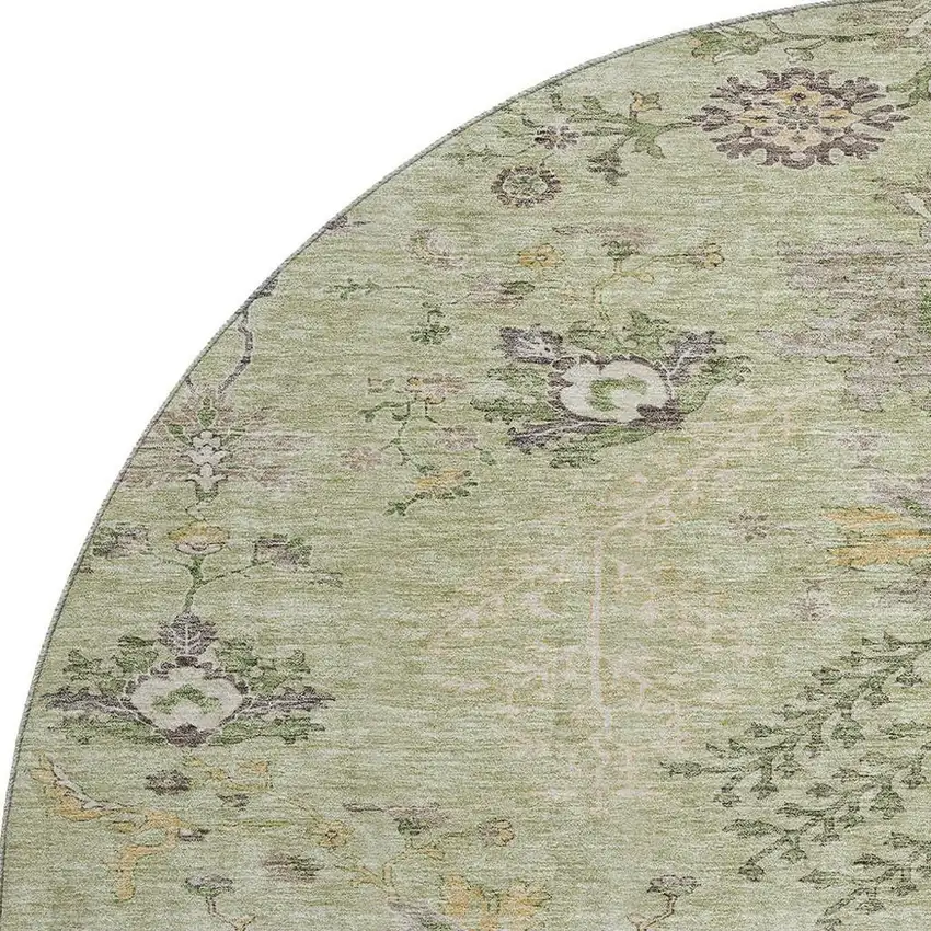8' Artichoke Green Gold And Beige Floral Washable Round Rug With UV Protection Photo 3