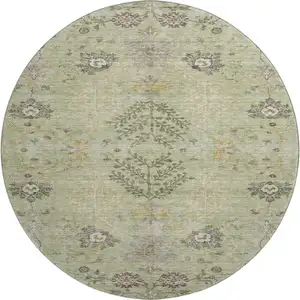 Photo of 8' Artichoke Green Gold And Beige Floral Washable Round Rug With UV Protection
