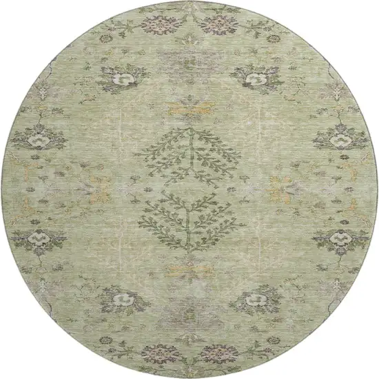 8' Artichoke Green Gold And Beige Floral Washable Round Rug With UV Protection Photo 1