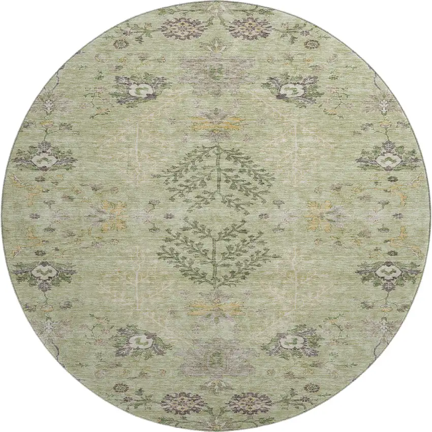 8' Artichoke Green Gold And Beige Floral Washable Round Rug With UV Protection Photo 1