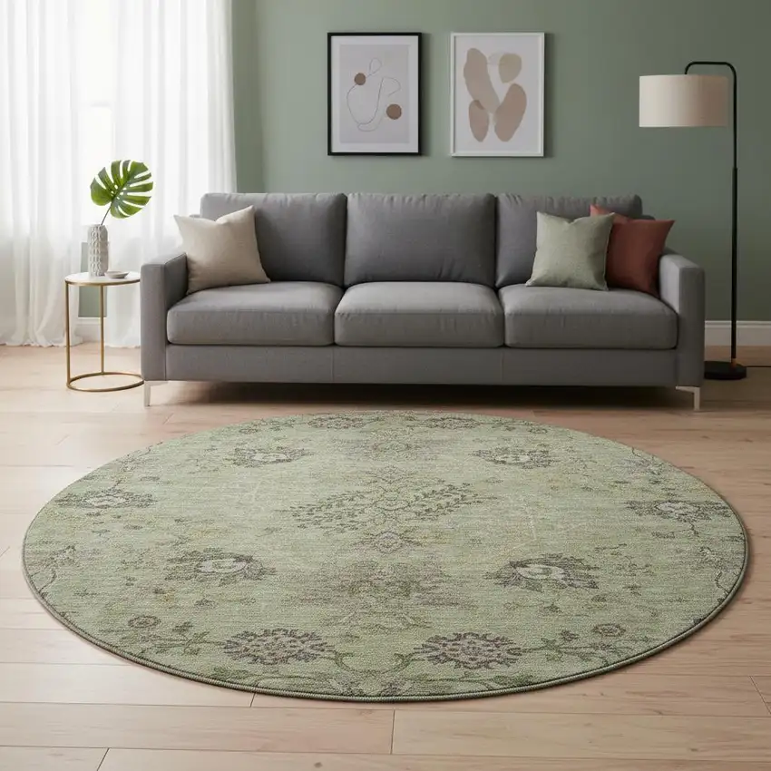 8' Artichoke Green Gold And Beige Floral Washable Round Rug With UV Protection Photo 2