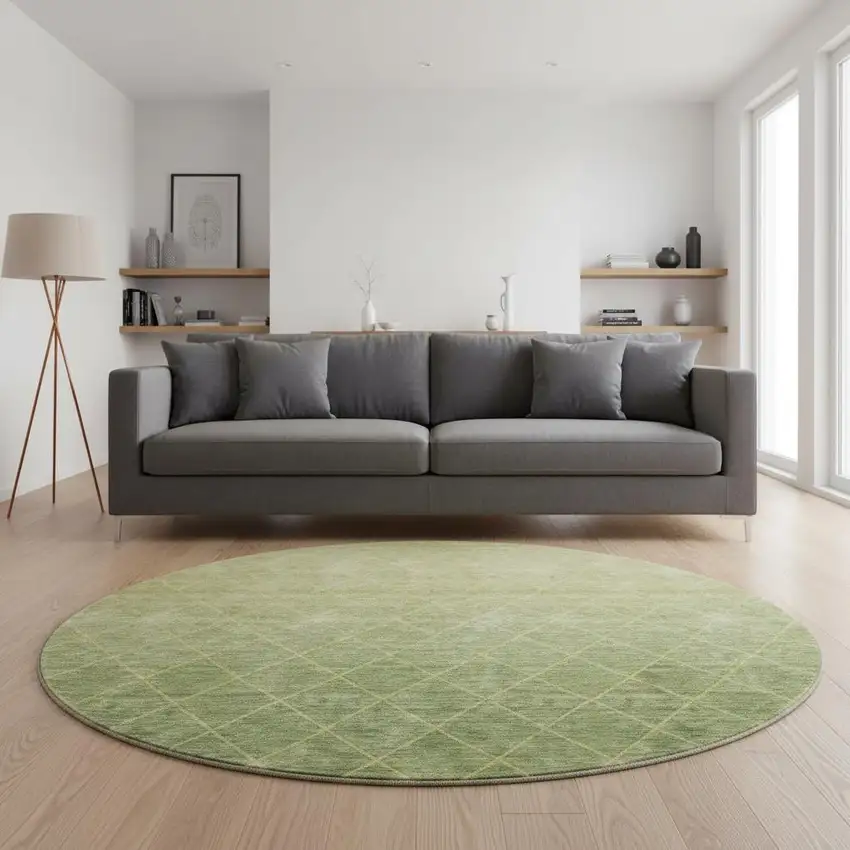 8' Artichoke Green Gold And Beige Geometric Washable Round Rug With UV Protection Photo 1