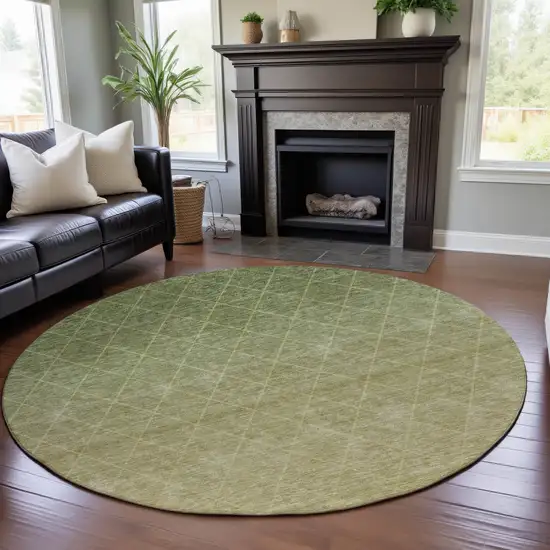 8' Artichoke Green Gold And Beige Geometric Washable Round Rug With UV Protection Photo 4