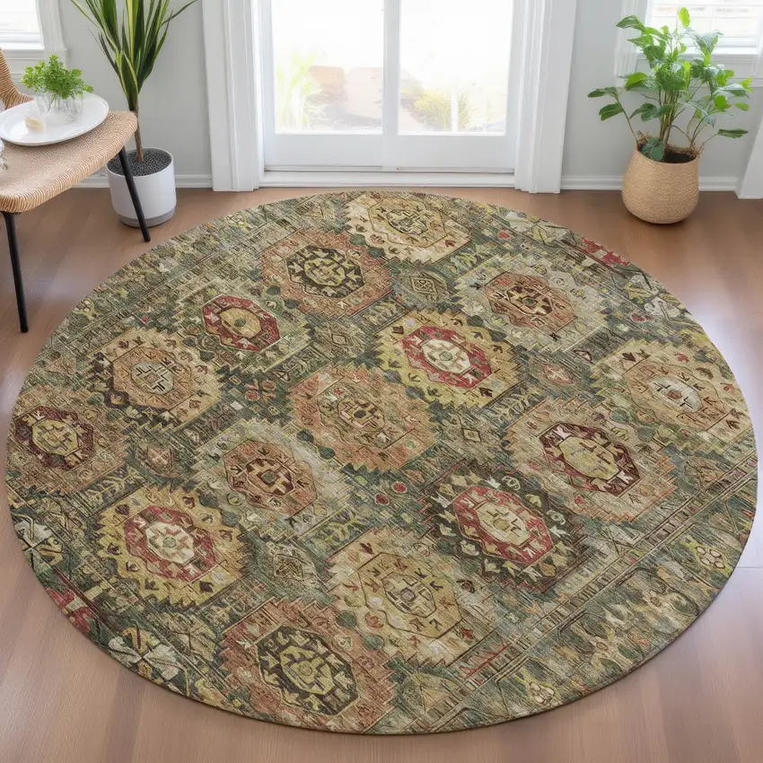 8' Artichoke Green Gold And Beige Round Medallion Washable Indoor Outdoor Area Rug Photo 6