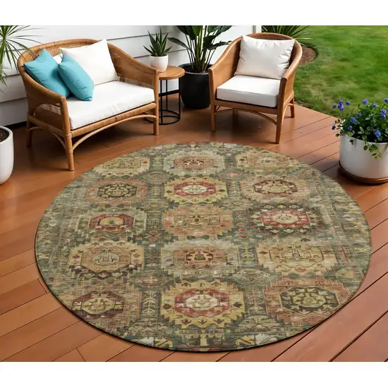 8' Artichoke Green Gold And Beige Round Medallion Washable Indoor Outdoor Area Rug Photo 2