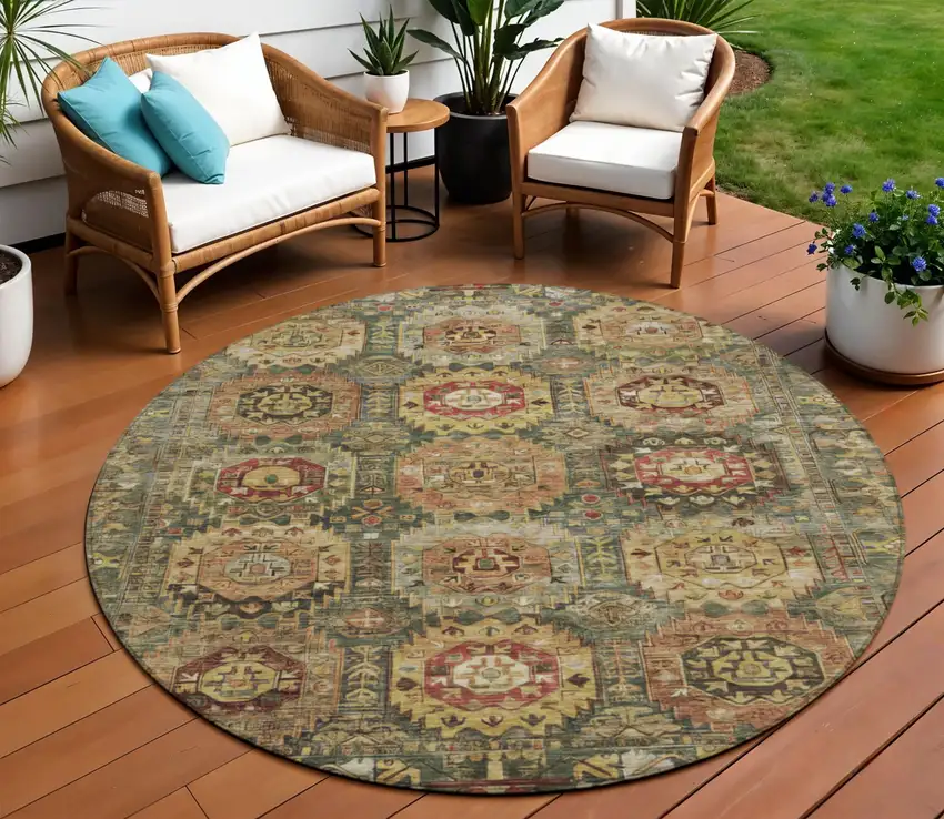8' Artichoke Green Gold And Beige Round Medallion Washable Indoor Outdoor Area Rug Photo 2
