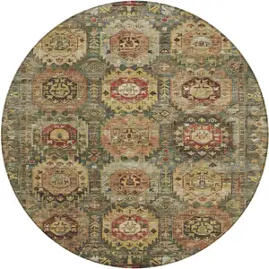 Photo of 8' Artichoke Green Gold And Beige Round Medallion Washable Indoor Outdoor Area Rug