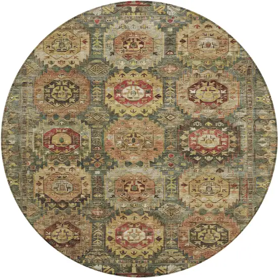 8' Artichoke Green Gold And Beige Round Medallion Washable Indoor Outdoor Area Rug Photo 1