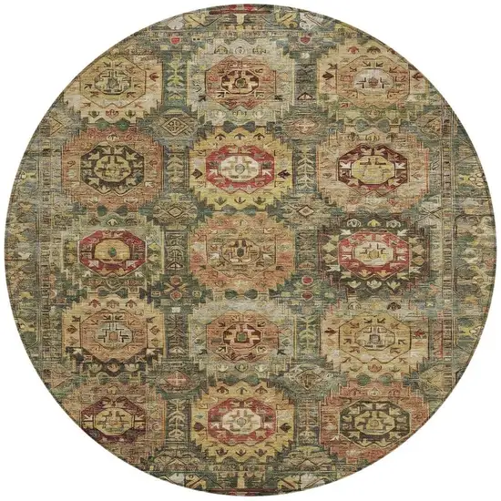 8' Artichoke Green Gold And Beige Round Medallion Washable Indoor Outdoor Area Rug Photo 3