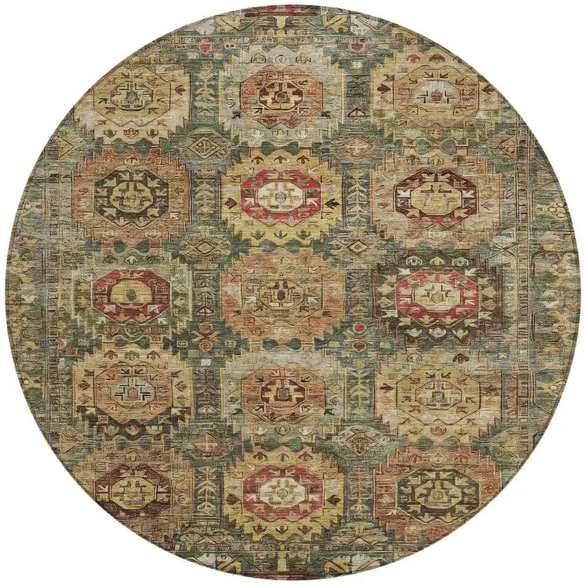 8' Artichoke Green Gold And Beige Round Medallion Washable Indoor Outdoor Area Rug Photo 3