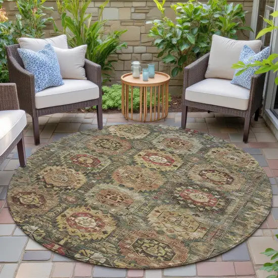 8' Artichoke Green Gold And Beige Round Medallion Washable Indoor Outdoor Area Rug Photo 5