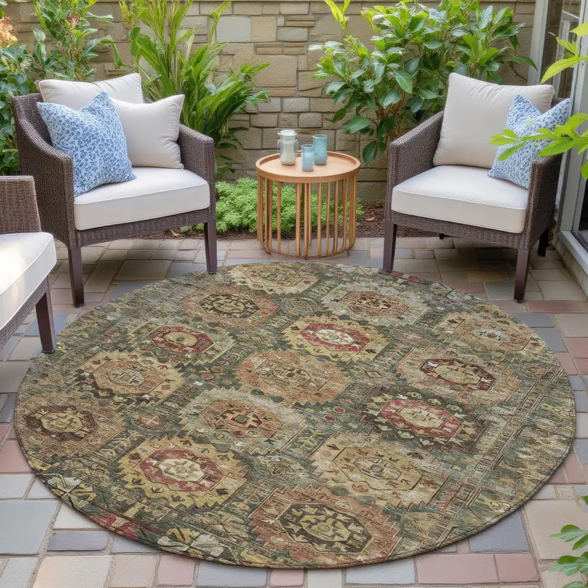 8' Artichoke Green Gold And Beige Round Medallion Washable Indoor Outdoor Area Rug Photo 5