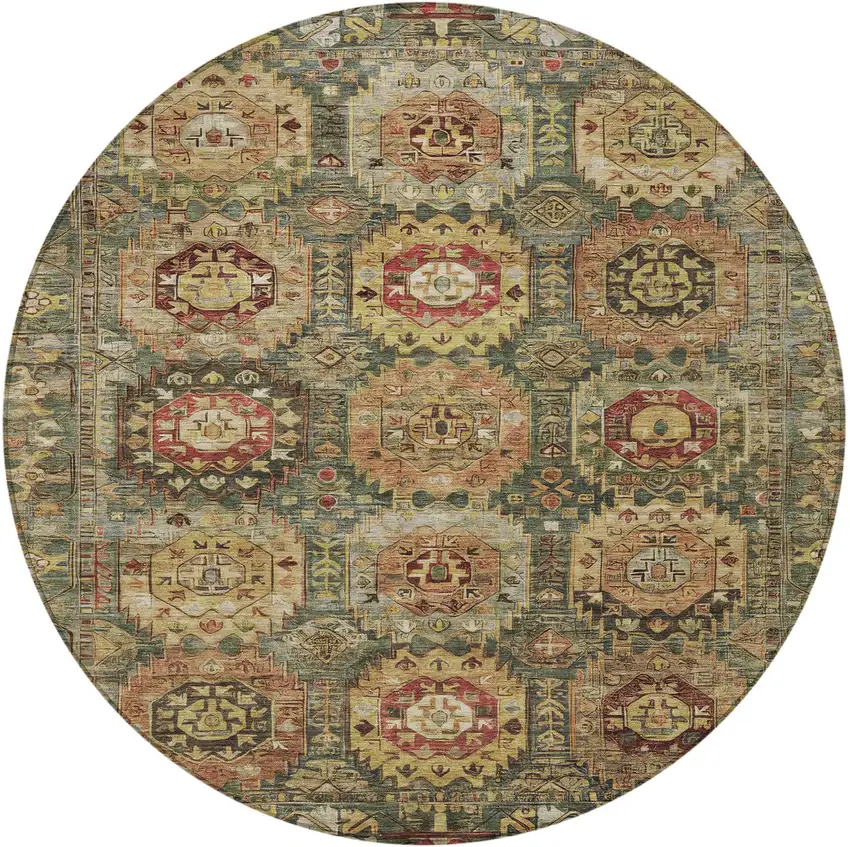 8' Artichoke Green Gold And Beige Round Medallion Washable Indoor Outdoor Area Rug Photo 4