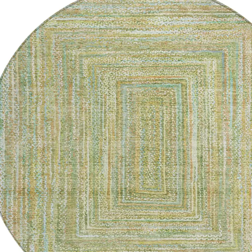 8' Artichoke Green Gold And Blue Round Geometric Washable Indoor Outdoor Area Rug Photo 8