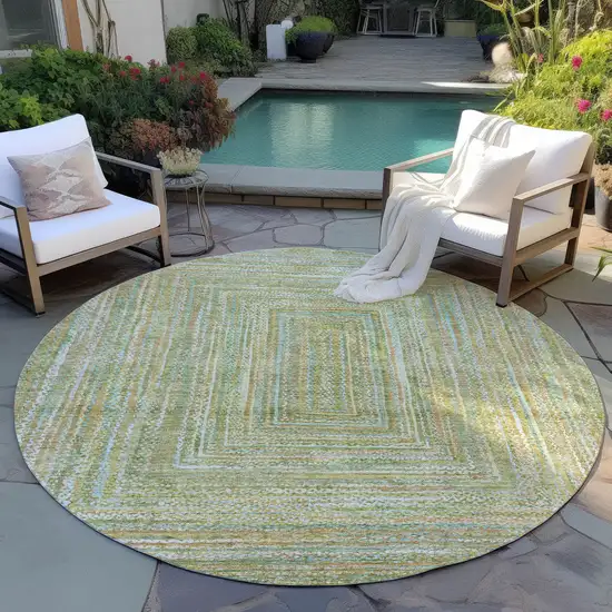 8' Artichoke Green Gold And Blue Round Geometric Washable Indoor Outdoor Area Rug Photo 5
