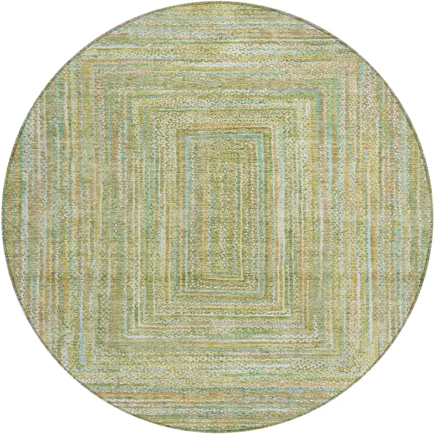 8' Artichoke Green Gold And Blue Round Geometric Washable Indoor Outdoor Area Rug Photo 1