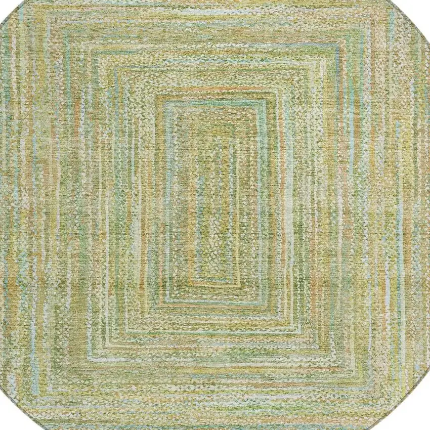 8' Artichoke Green Gold And Blue Round Geometric Washable Indoor Outdoor Area Rug Photo 4