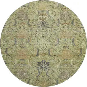 Photo of 8' Artichoke Green Gold And Charcoal Damask Washable Round Rug With UV Protection
