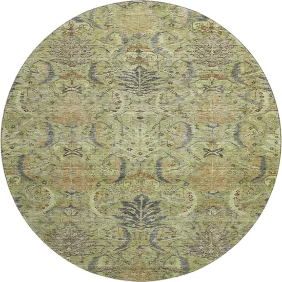 8' Artichoke Green Gold And Charcoal Damask Washable Round Rug With UV Protection Photo 1