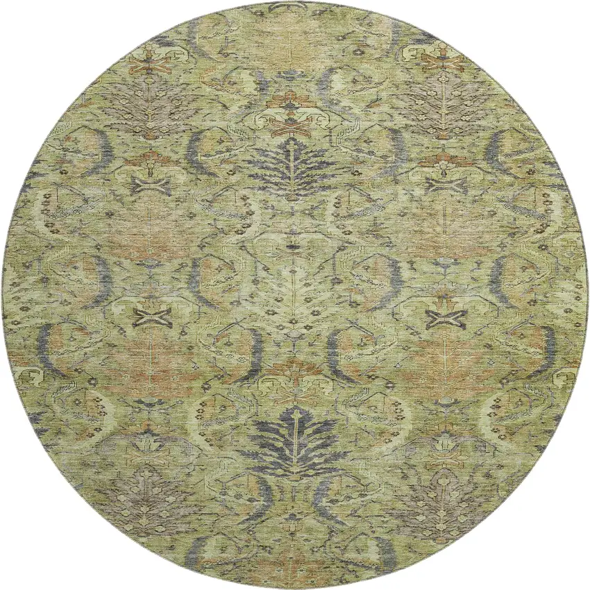 8' Artichoke Green Gold And Charcoal Damask Washable Round Rug With UV Protection Photo 1