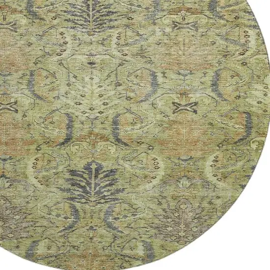8' Artichoke Green Gold And Charcoal Damask Washable Round Rug With UV Protection Photo 2