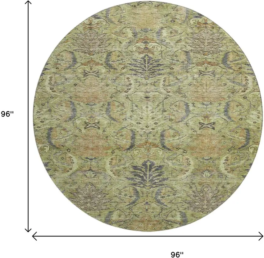 8' Artichoke Green Gold And Charcoal Damask Washable Round Rug With UV Protection Photo 9