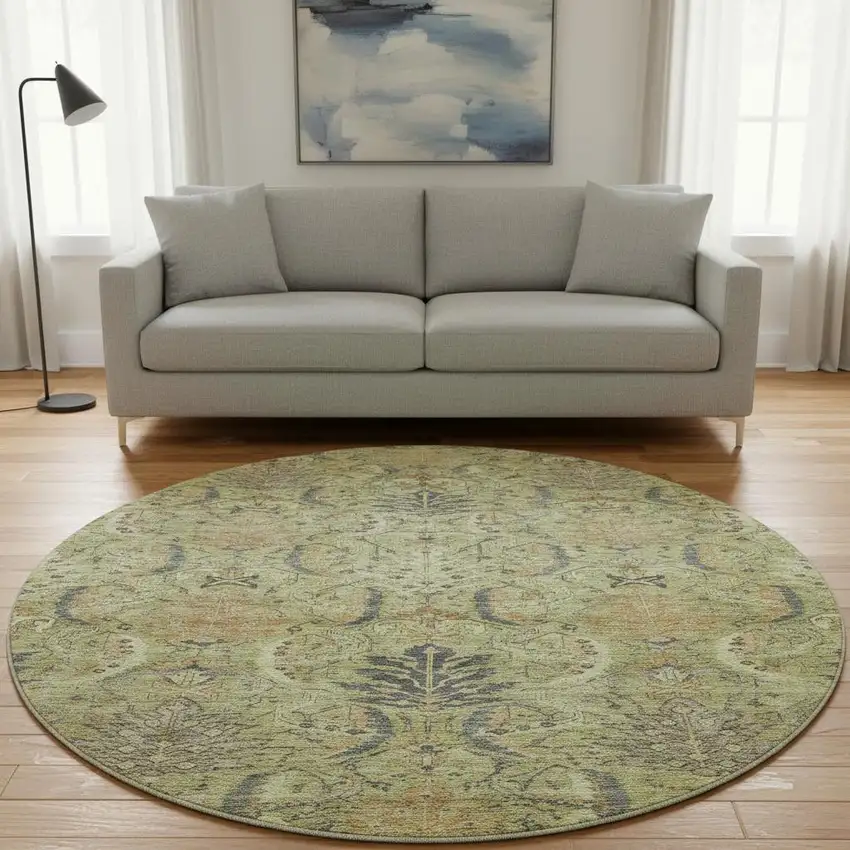8' Artichoke Green Gold And Charcoal Damask Washable Round Rug With UV Protection Photo 2
