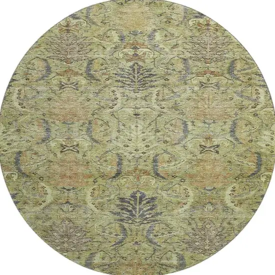 8' Artichoke Green Gold And Charcoal Damask Washable Round Rug With UV Protection Photo 3